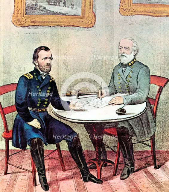 Meeting of Generals Grant (left) and Lee, American Civil War, 1865. Artist: Currier and Ives