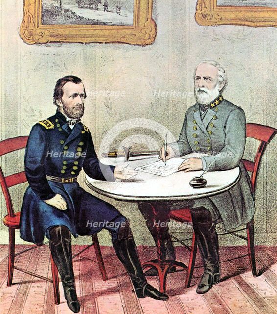 Meeting of Generals Grant (left) and Lee, American Civil War, 1865. Artist: Currier and Ives