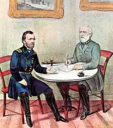 Meeting of Generals Grant (left) and Lee, American Civil War, 1865. Artist: Currier and Ives