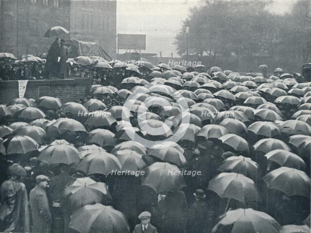 Meeting of London business men on Tower Hill, held after sinking of the Lusitania, c.1915. Artist: Unknown