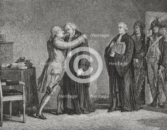 Meeting of Louis XVI with his lawyer Malesherbes, (1721-1794), 1876.  Creator: Hippolyte de la Charlerie.