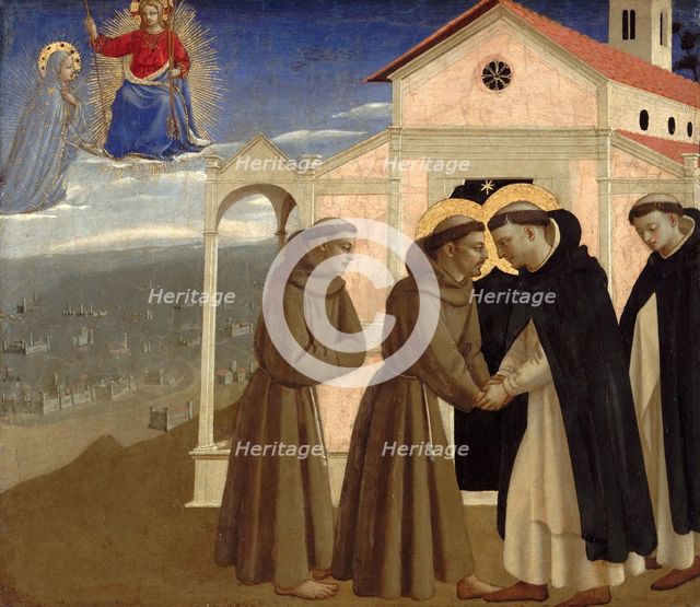 Meeting of Saint Francis and Saint Dominic (Scenes from the life of Saint Francis of Assisi), ca 142 Artist: Angelico, Fra Giovanni, da Fiesole (ca. 1400-1455)