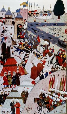 Mehmet II, storming the fortress of Belgrade. Turkish miniature
