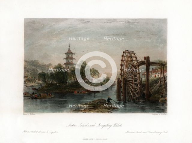 'Melon Islands, and Irrigating Wheel', China, c1840.Artist: Henry Adlard