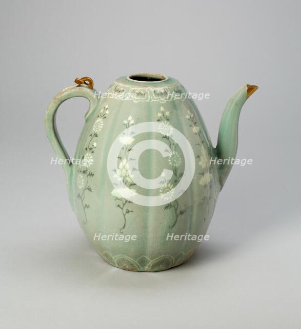 Melon-Shaped Ewer with Stylized Floral Scrolls, Korea, Goryeo dynasty (918-1392), 13th century. Creator: Unknown.