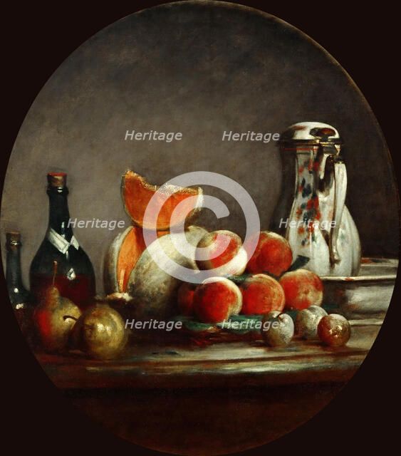 Melons, pears, peaches and plums, or The cut melon. Artist: Chardin, Jean-Baptiste Siméon (1699-1779)