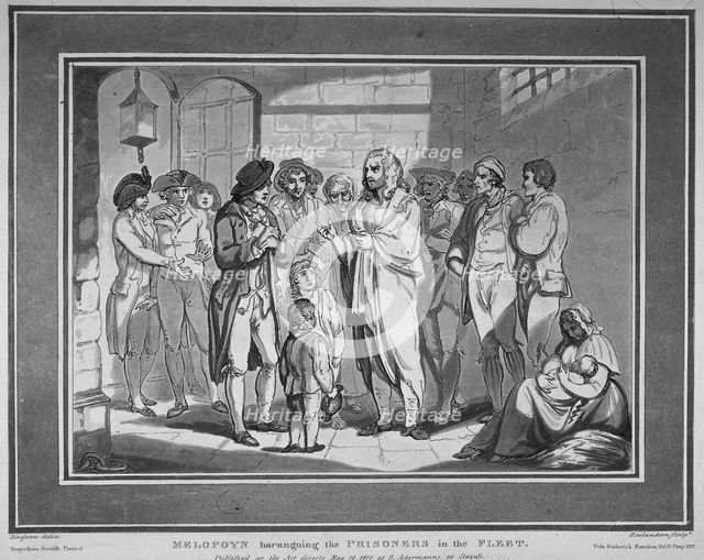 'Melopoyn haranguing the prisoners in the Fleet', 1800. Artist: Thomas Rowlandson