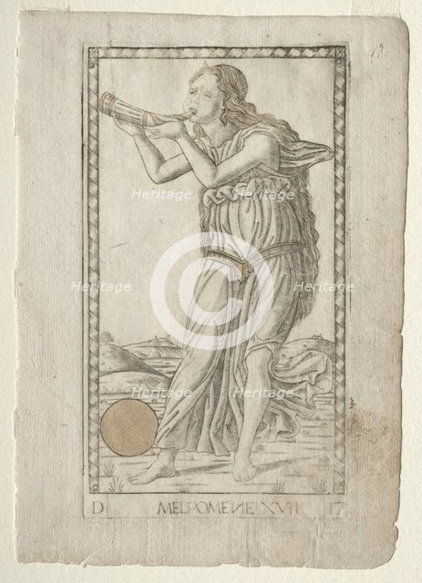 Melpomene (tragedy) (from the Tarocchi series D: Apollo and the Muses, #17), before 1467. Creator: Master of the E-Series Tarocchi (Italian, 15th century).