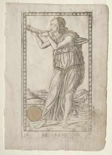 Melpomene (tragedy) (from the Tarocchi series D: Apollo and the Muses, #17), before 1467. Creator: Master of the E-Series Tarocchi (Italian, 15th century)