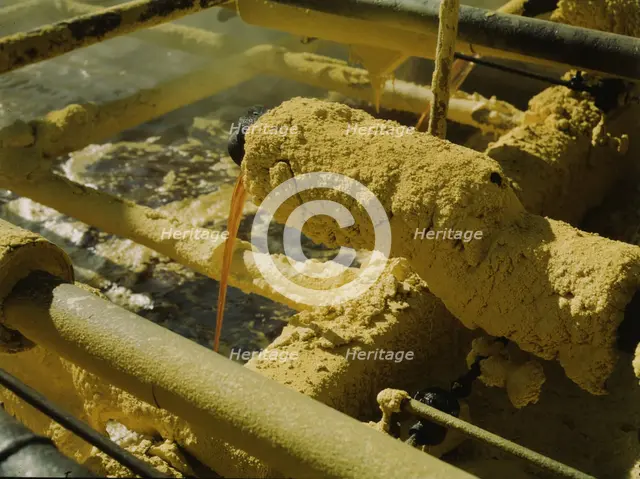 Melted sulphur from the wells pouring into relay..., Freeport Sulphur Co, Hoskins Mound, Texas, 1943 Creator: John Vachon.