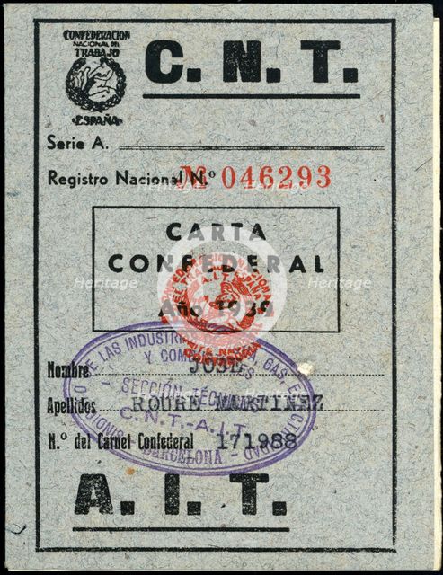 Membership card to the CNT-AIT, 1939.