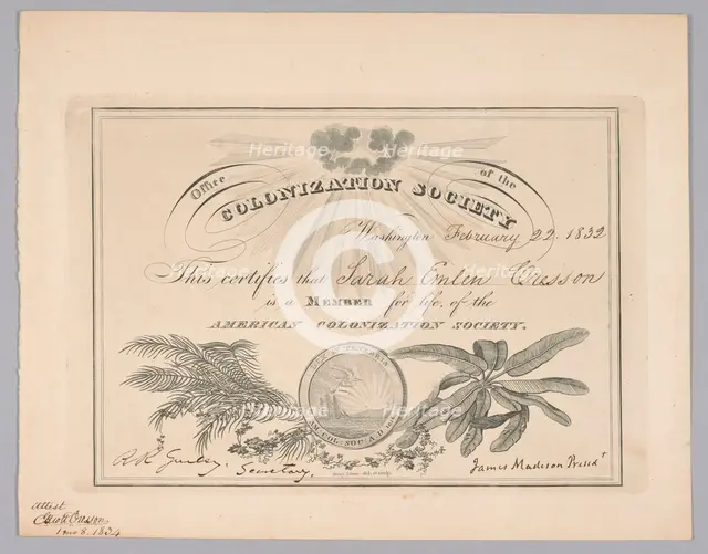 Membership certificate to the American Colonization Society, February 22, 1832. Creator: Unknown.