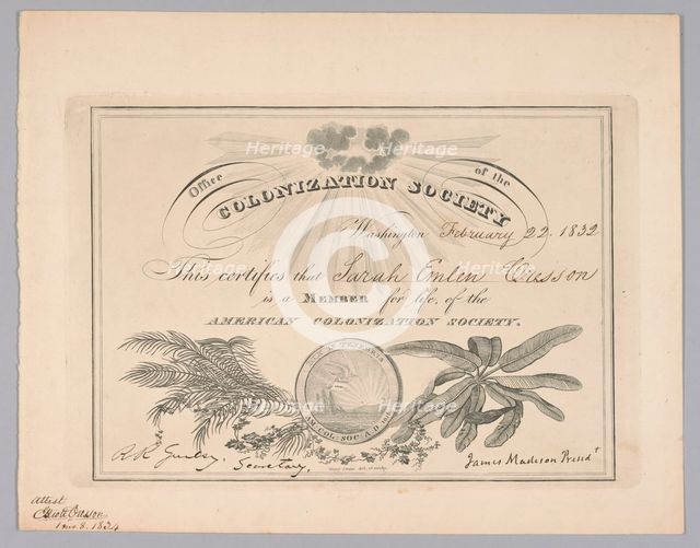 Membership certificate to the American Colonization Society, February 22, 1832. Creator: Unknown.