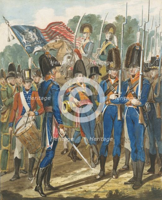 Members of the City Troop and Other Philadelphia Soldiery, 1811-ca. 1813. Creator: John Lewis Krimmel.