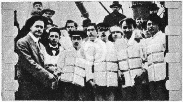 Members of the crew of the Titanic in their life jackets, 1912. Artist: Unknown