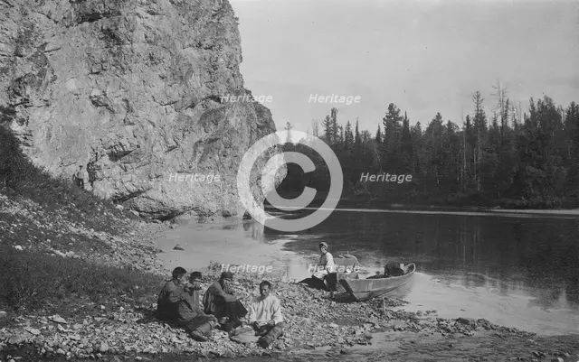 Members of the Expedition at Dinner on the Shore of the Mrassu River Near the Saga Ulus, 1913. Creator: GI Ivanov.