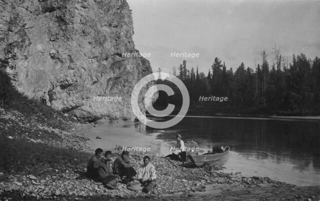 Members of the Expedition at Dinner on the Shore of the Mrassu River Near the Saga Ulus, 1913. Creator: GI Ivanov.