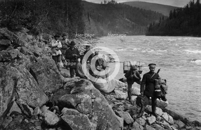 Members of the Expedition Detouring the Mrasskii Rapid, 1913. Creator: GI Ivanov.