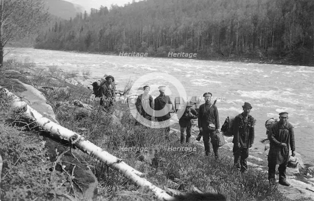 Members of the Expedition Detouring the Mrasskii Rapid, 1913. Creator: GI Ivanov.
