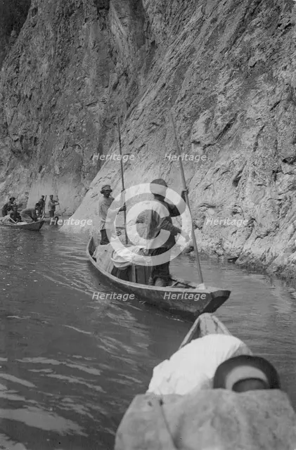 Members of the Land-Management Expedition on the Boats by the Mrassu River Steep Shore..., 1913. Creator: GI Ivanov.