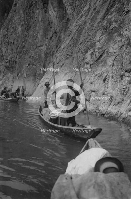 Members of the Land-Management Expedition on the Boats by the Mrassu River Steep Shore..., 1913. Creator: GI Ivanov.