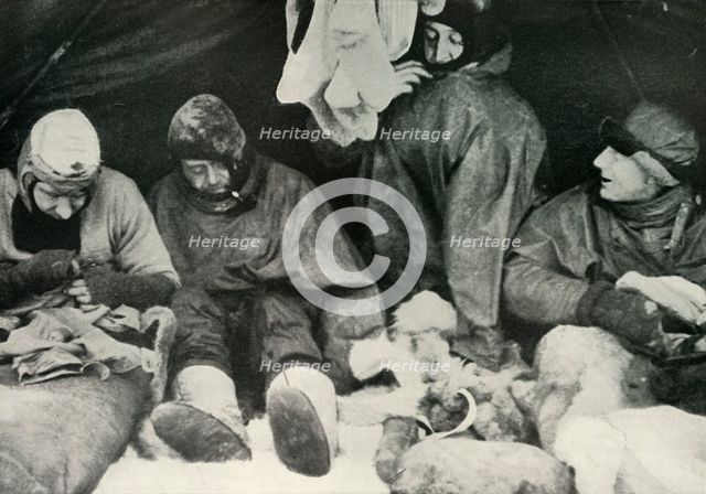 'Members of the Polar Party Getting Into Their Sleeping-Bags', c1911, (1913).  Artist: Herbert Ponting.