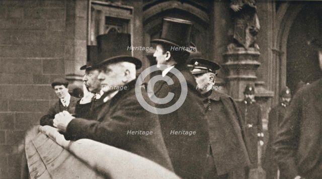 Members of both Houses watching suffragettes in Parliament Square, London, 30 June 1908. Artist: Unknown