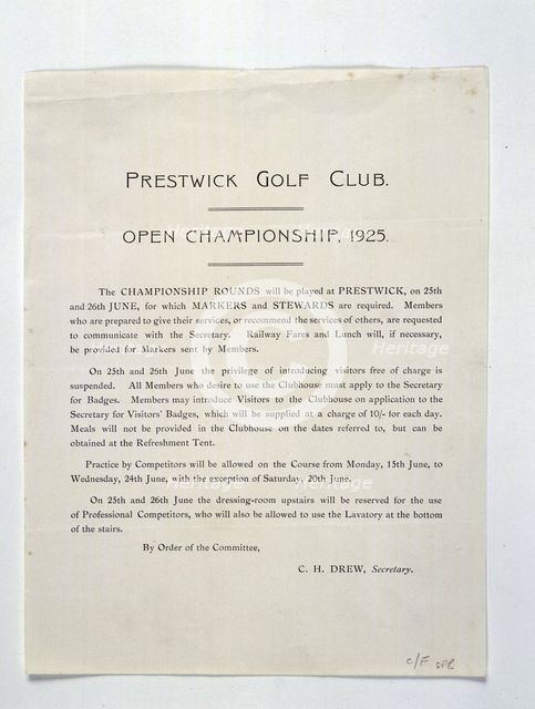 Members rules for Open Championship, Prestwick, 1925. Creator: Unknown.