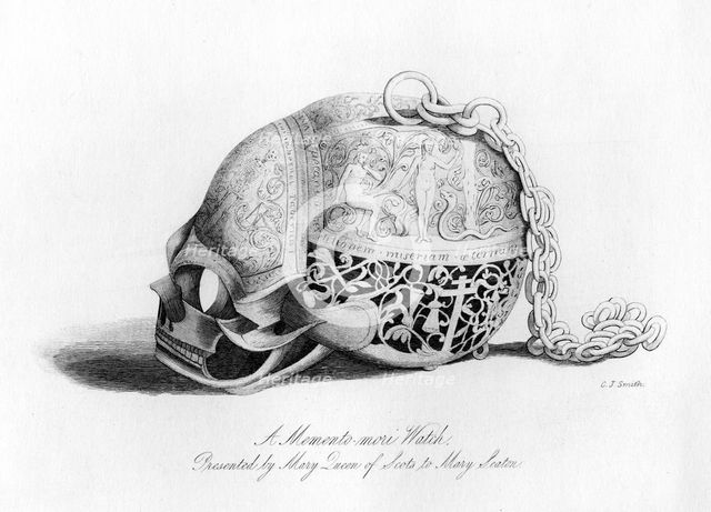 Memento-Mori watch presented by Mary Queen of Scots to Mary Seaton, 16th century, (1840).Artist: C J Smith