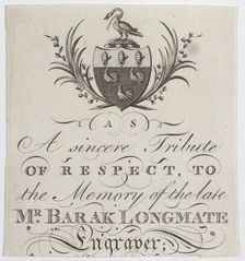 Memorial Card for Mr. Barak Longmate, genealogical editor and heraldic engraver, ca. 1793., ca. 1793 Creator: Anon