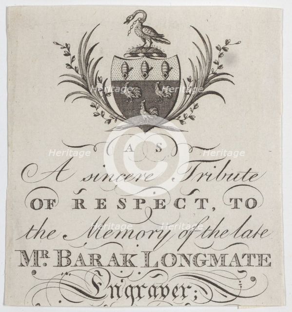 Memorial Card for Mr. Barak Longmate, genealogical editor and heraldic engraver, ca. 1793., ca. 1793 Creator: Anon.