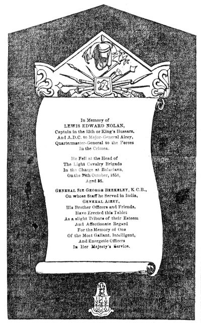 Memorial erected at Maidstone, to the memory of the brave Captain Nolan, who fell at Balaclava, 1856 Creator: Unknown.