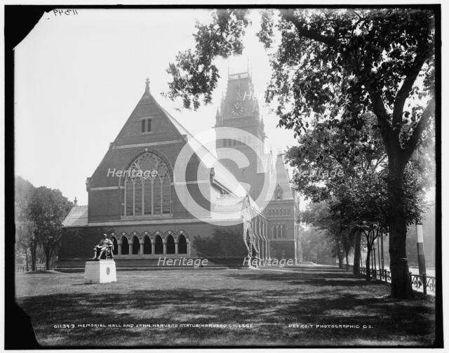 Memorial Hall and John Harvard Statue, Harvard College, between 1890 and 1899. Creator: Unknown.