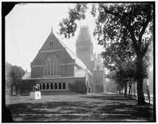 Memorial Hall and John Harvard Statue, Harvard College, between 1890 and 1899. Creator: Unknown