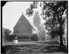 Memorial Hall and John Harvard Statue, Harvard College, between 1890 and 1899. Creator: Unknown