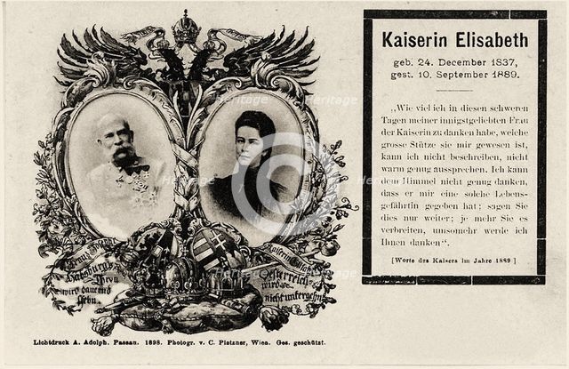 Memorial postcard of the Emperor Franz Joseph I, and the Empress Elisabeth of Austria, 1898. Creator: Adolph, Alphons (1853-1934).