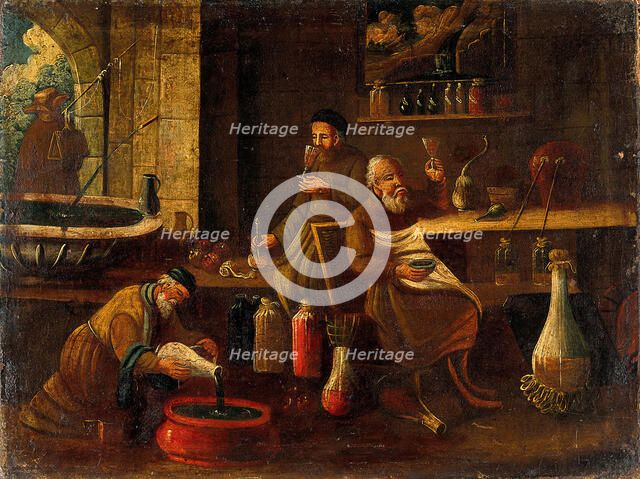 Men (monks?) making and sampling wines, spirits, or other beverages or medicines. Creator: Unknown.
