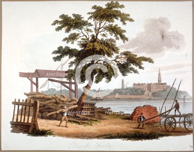 Men moving timber at Bankside, Southwark, London, c1810. Artist: William Pickett