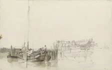 Men on a moored fishing boat at a quay, 1797-1838. Creator: Johannes Christiaan Schotel