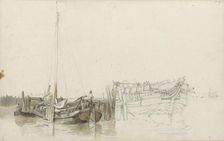 Men on a moored fishing boat at a quay, 1797-1838. Creator: Johannes Christiaan Schotel