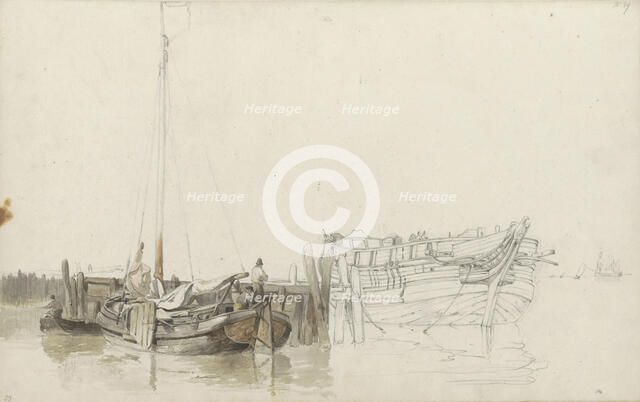 Men on a moored fishing boat at a quay, 1797-1838. Creator: Johannes Christiaan Schotel.