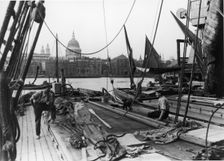 Men on a Thames barge, South Bank, Lambeth, London, early 20th century. Creator: George Davison Reid