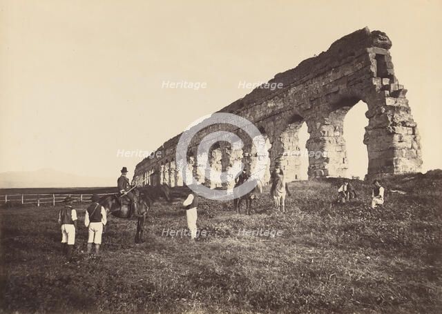 [Men on Horse by Roman Aqueduct], 1860s. Creator: Attributed to Altobelli & Molins.