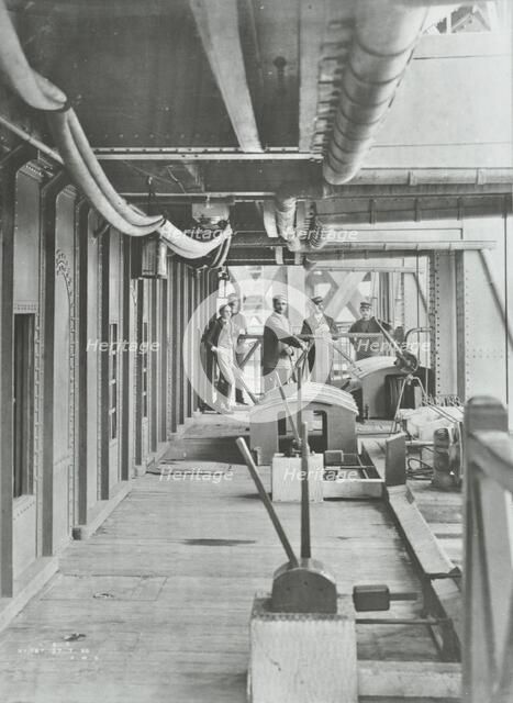 Men on the Hydraulic Lever Platform of the Woolwich Ferry, London, 1896. Artist: Unknown.