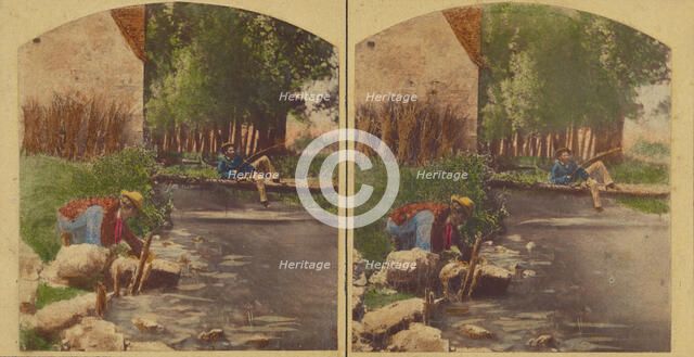Men at stream fishing, about 1860. Creator: Unknown.