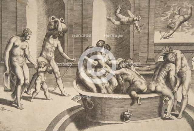 Men and women bathing, some embracing, 1531-76. Creator: Giulio Bonasone.