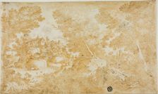 Men and Women Resting in Wooded Landscape with River, Villas, Church, n.d. Creator: Unknown
