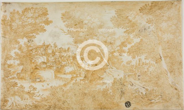 Men and Women Resting in Wooded Landscape with River, Villas, Church, n.d. Creator: Unknown.