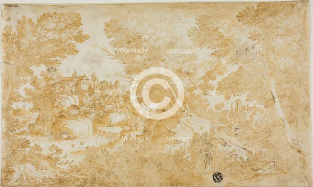 Men and Women Resting in Wooded Landscape with River, Villas, Church, n.d. Creator: Unknown.