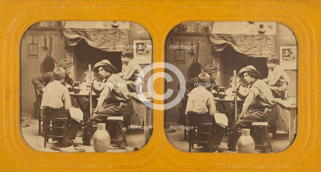Men and boys at a table, one man holding a gun, 1855-1860. Creator: Unknown.